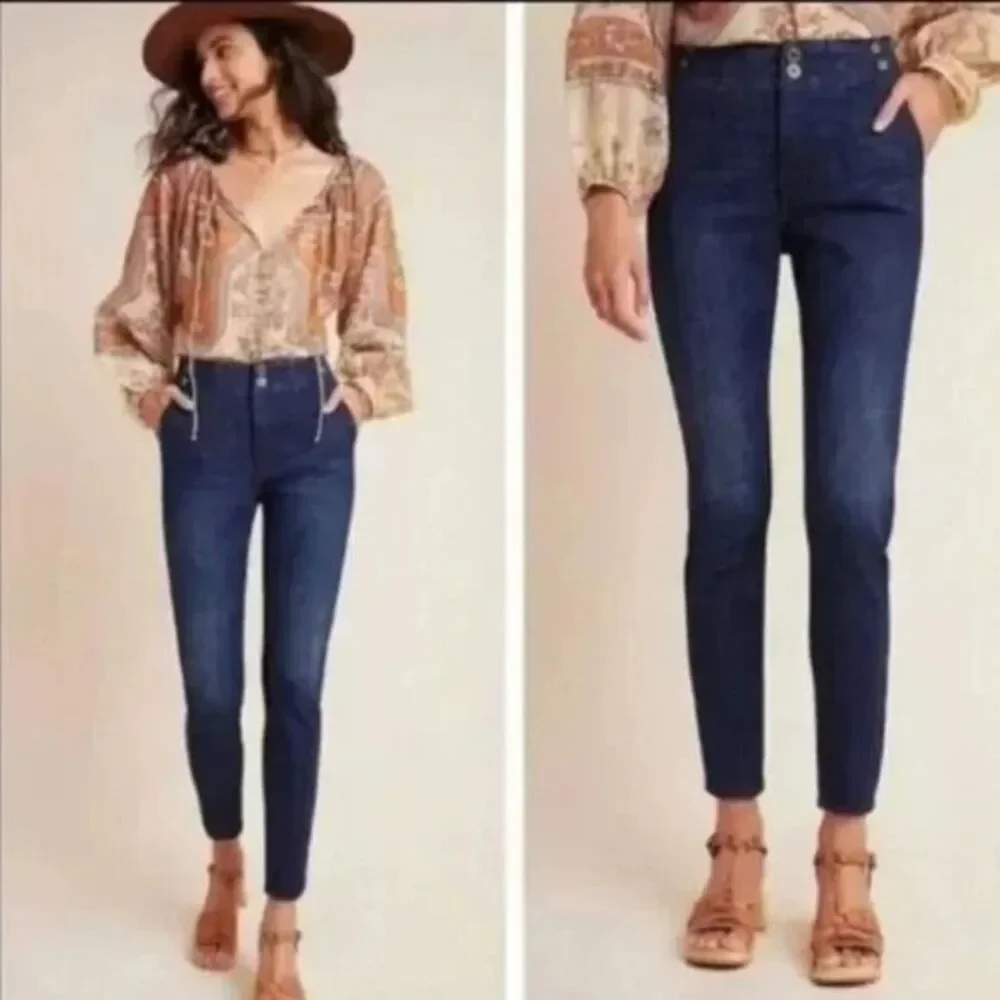 ANTHROPOLOGIE Pilcro Pleated High Rise Dark Wash Blue Denim Skinny Preppy 28